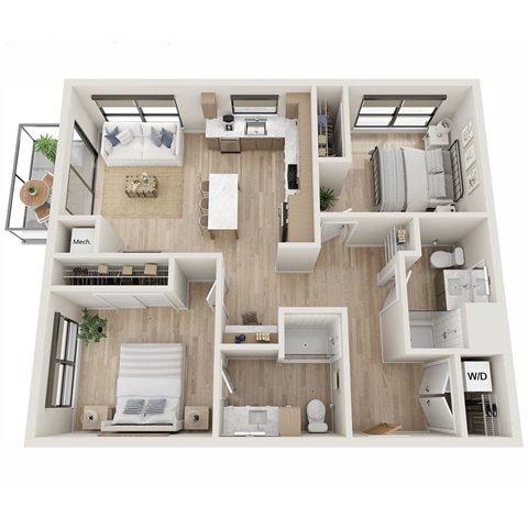 Floor plan for 2 beds, 2 baths, 935 sqft